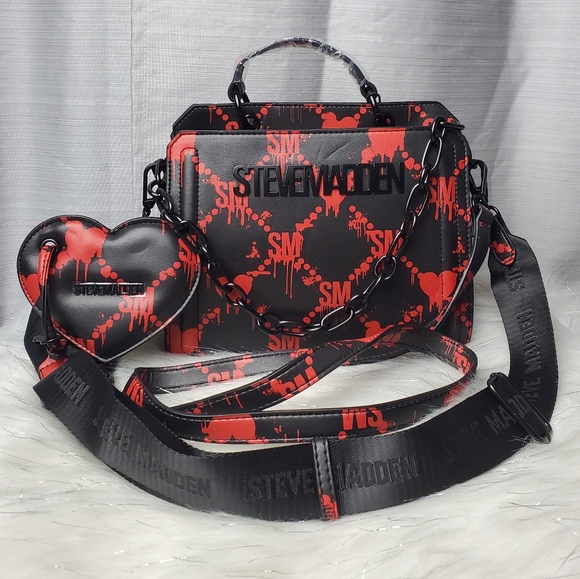 STEVE MADDEN Dripping Hearts Black/red Satchel Crossbody Bag - Picture 1 of 9